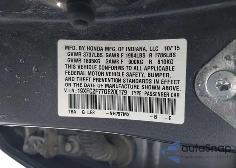 2016 Honda Civic Ex z USA, uszkodzony, nr VIN 19XFC2F77GE200179